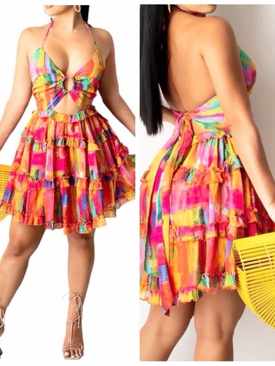SHEIN Dresses & Skirts - Colorful Rainbow Ruffle Beach Vibes Dress L